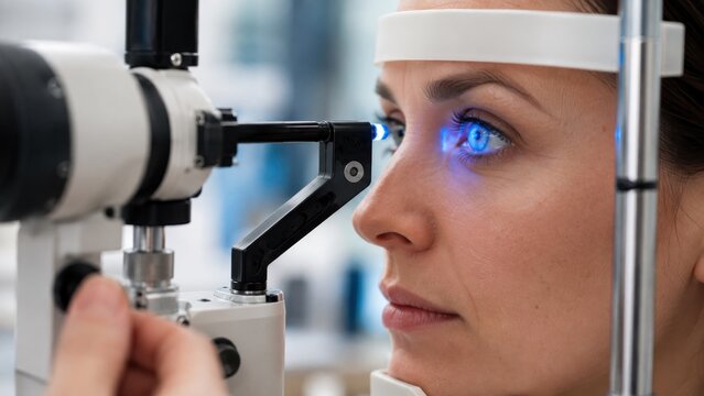 Woman undergoing tonometry glaucoma test in clinic