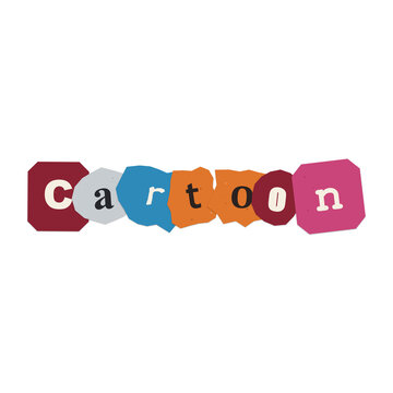 The word cartoon written in colorful ransom note style letters on a plain isolated on transparent background