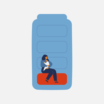 Young mother Postpartum Burnout concept. Tired woman with baby sits on the big battery with low energy. vector illustration