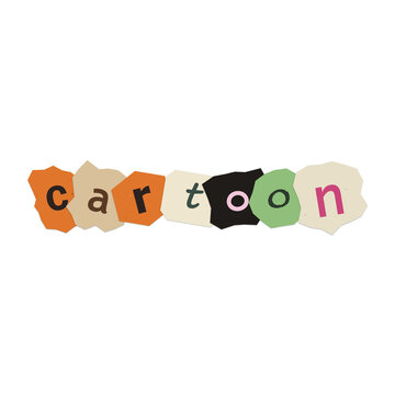 The word cartoon spelled out using individual colorful paper cutout letters in a ransom note style isolated on transparent background