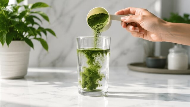 Hand pouring green superfood powder into glass of water