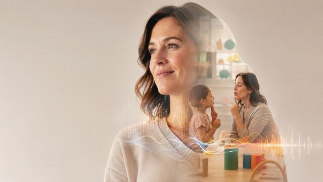 A smiling adult woman during a speech therapy session with audio waveform overlays and a child.