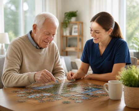 Senior man and therapist solving jigsaw puzzle at home