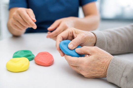 Senior person using therapy putty with therapist guidance