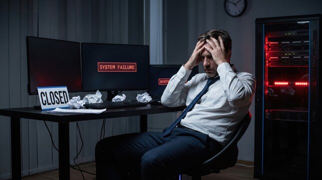 A man experiencing great stress sits by a computer inside a server room during a system failure.