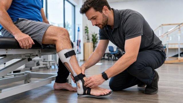Podiatrist fitting ankle foot orthosis brace on patient leg