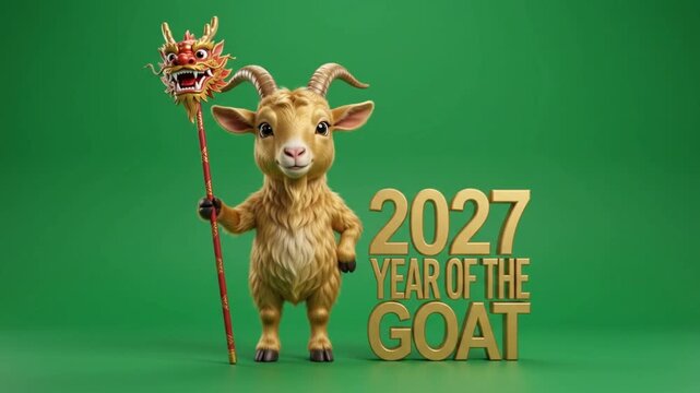 Cute Cute Goat Character Holding Chinese Dragon Head Staff Beside 2027 Year of the Goat Gold Text Green Screen