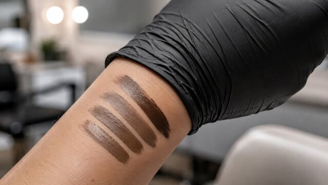 Pigment swatches on gloved wrist for permanent makeup