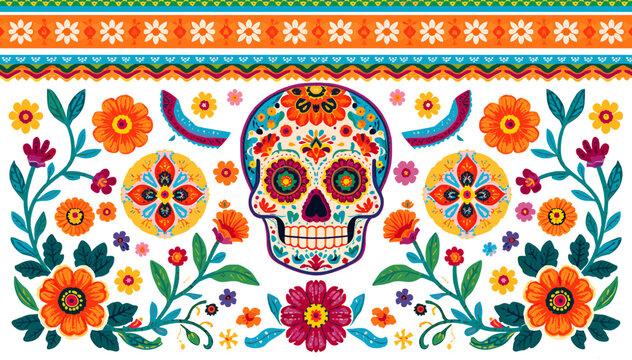 Vibrant Day of the Dead Sugar Skull Floral Border with Traditional Mexican Folk Art Motifs.