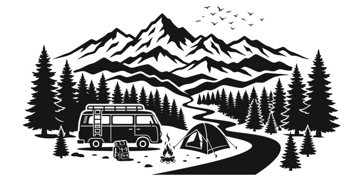 Black and white mountain camping scene with camper van and tent vector illustration, mountain