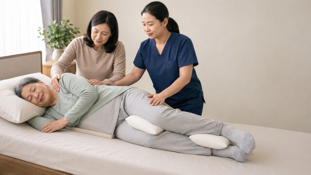 Nurse and daughter helping elderly woman in home care bed