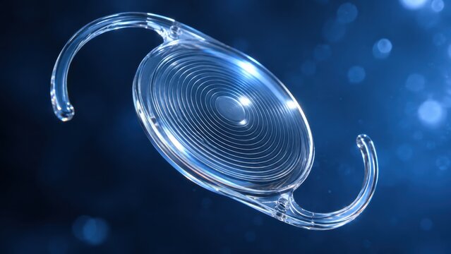 Multifocal intraocular lens for cataract surgery on blue background