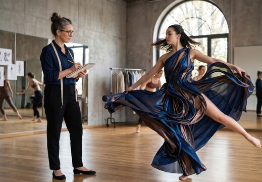 A mature designer observes a talented dancer in a flowing dress inside a bright dance studio during rehearsal.