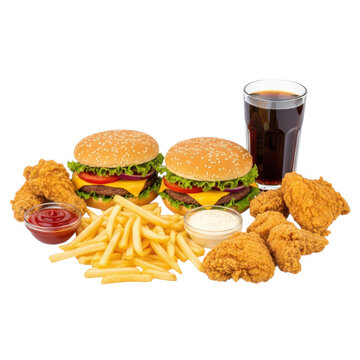 Delicious fast food meal with burgers fries and drink isolated on white background