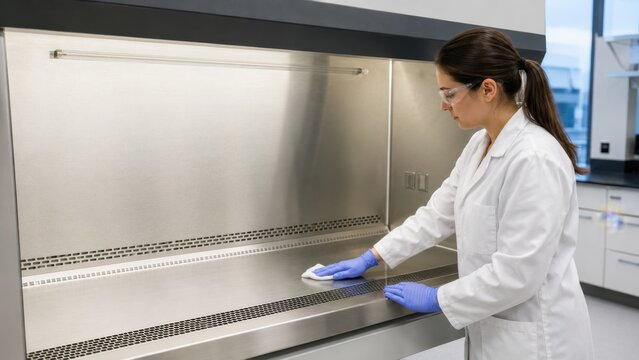 Female scientist cleaning biosafety cabinet in laboratory