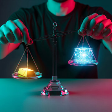 Person balancing a physical gold bar against a glowing digital cryptocurrency cube on a scale.