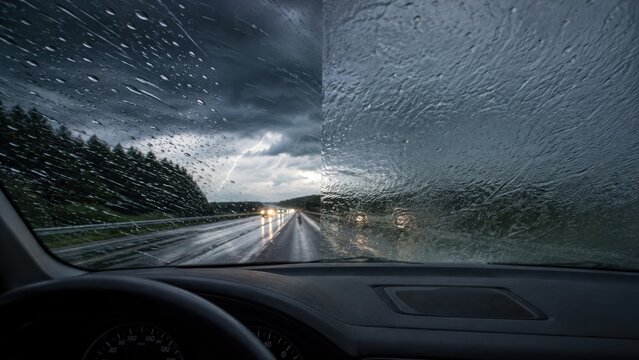Hydrophobic rain repellent vs untreated car windshield in storm
