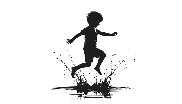 Child jumping in puddle silhouette water splash vector graphic with silhouette