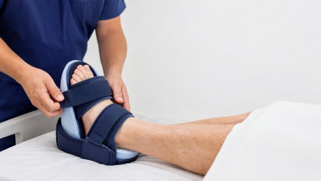 Healthcare assistant fitting medical boot to elderly patient