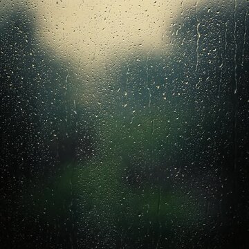 Raindrops running down window glass on stormy rainy day