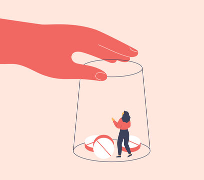 woman locked under glass cup with drugs. Big human Hand which closed sad female with tablets. Drug addiction, antidepressant dependence and pharmaceutical substances. Vector illustration