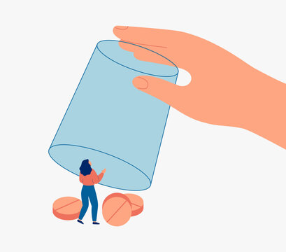 Woman need help to get rid from pills addiction and dependence. Saving Hand lifts a glass, freeing female surrounded by pills from captivity. Vector illustration