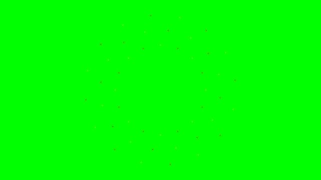 A circular pattern of glowing dots arranged against a bright green background