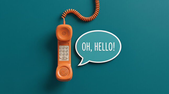 Vintage orange telephone handset with speech bubble saying oh hello on a teal background communication concept