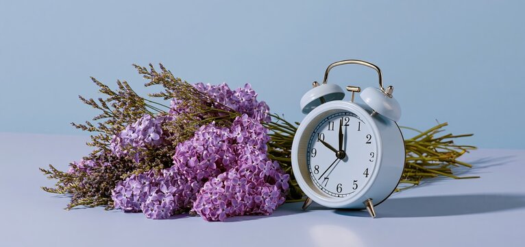 Spring-inspired scene with lavender flowers and a retro clock on a gentle pastel background.