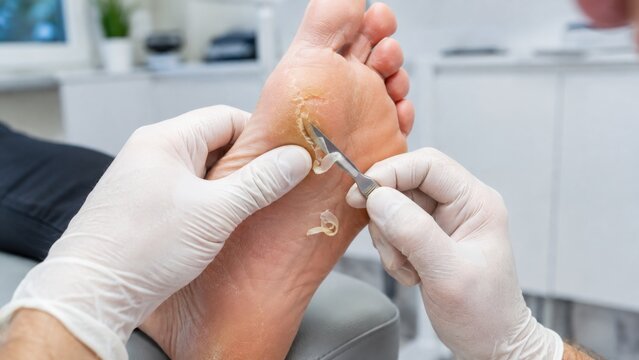 Podiatrist paring callus from foot with scalpel