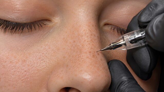 Cosmetic freckle tattoo application on bridge of nose