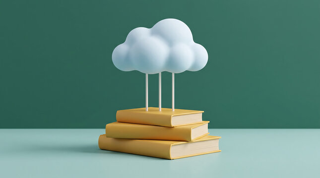 A stack of golden books supports a fluffy white cloud in a minimalist still life composition on a teal background