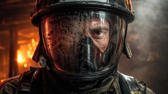 Intense firefighter portrait with soot and condensation on visor