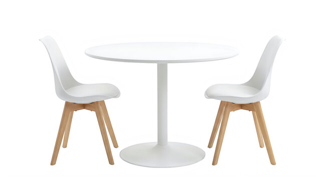Modern white round dining table with two matching chairs isolated on transparent background