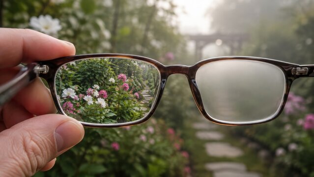 Eyeglasses showing clear vs blurry vision in misty garden