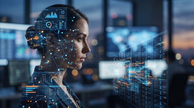 A young woman analyzes technology data and network interfaces in a digital office.