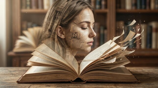 A conceptual portrait of a woman and an open book with flying pages in a library showing magic.