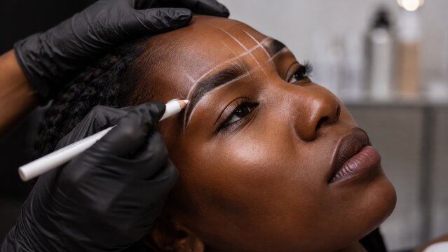 Professional eyebrow mapping procedure on Black woman