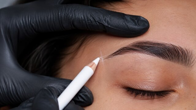 Beautician marking eyebrow for permanent makeup procedure