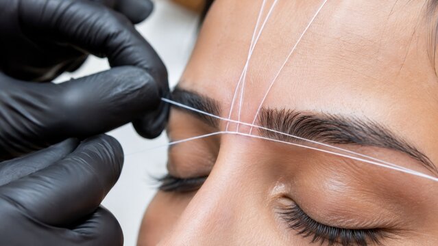 Professional brow mapping procedure with white thread