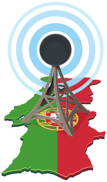 3D isometric radio transmission tower emitting signals over a Portugal flag map representing telecommunications, 5G network connectivity, broadcast, and data coverage (cut out)
