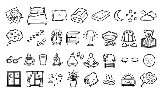 Bedtime and Dream Hand Drawn Doodle Icons Collection with Sleeping and Night Symbols