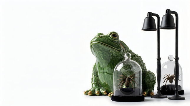 Toxic tree frog figurines with scientific insect specimens under glass cloches, black lamps, and white background for biology or decor concepts isolated on White Background Halloween