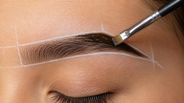Brow henna application with angled brush on mapped eyebrow