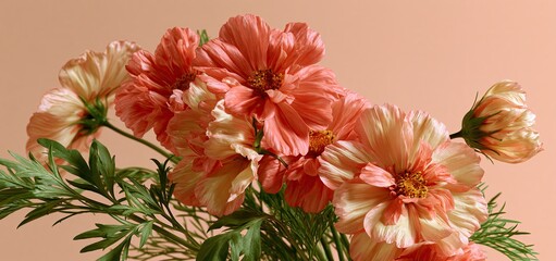 Fototapeta premium Cosmos flowers in coral and cream shades with bright green foliage set against a gentle pastel background.