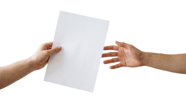 Two hands exchanging blank paper flyers or tickets, isolated on transparent cutout background