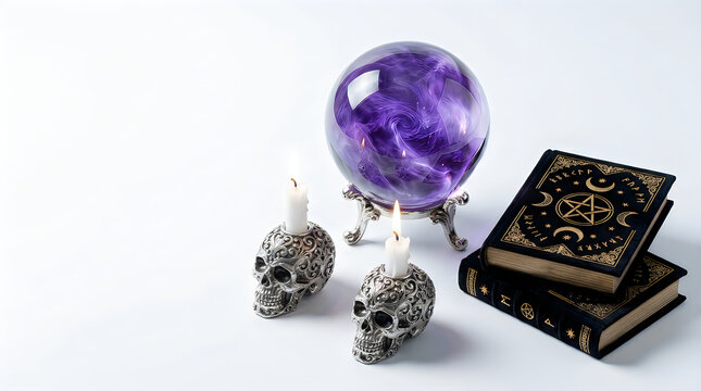 Witches sabbath decor with skull candle holders, purple crystal ball, magic pentacle grimoires isolated on White Background Halloween
