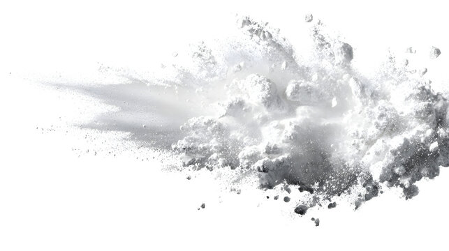 Dynamic horizontal burst of white gym chalk powder with plain white background powder against weightlifting athletics explosion particles with exercise