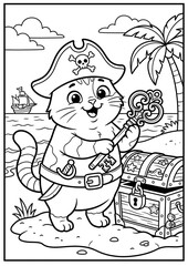 Naklejka premium A pirate cat discovers a giant key that may unlock hidden treasure.