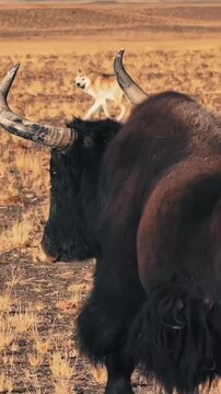 Wild yak running across steppe with wolf background